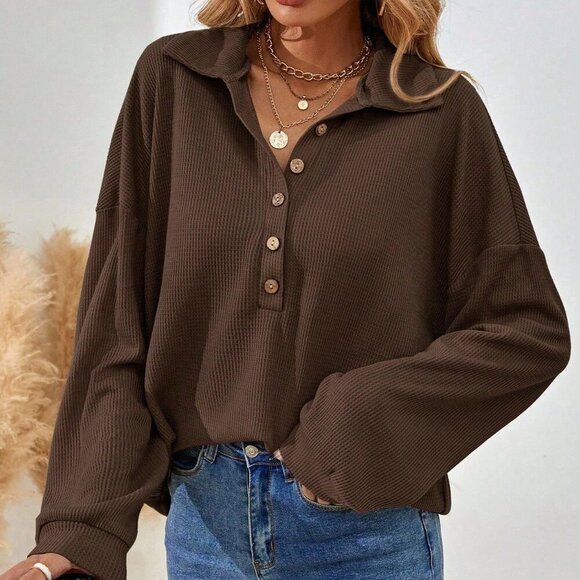 Tops - Brown Casual Women's Drop Shoulder Long Sleeve Button Half Placket Loose T-Shirt